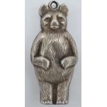 Silver Charles Horner novelty baby rattle in the form of a bear, missing teething ring, 6cm long.