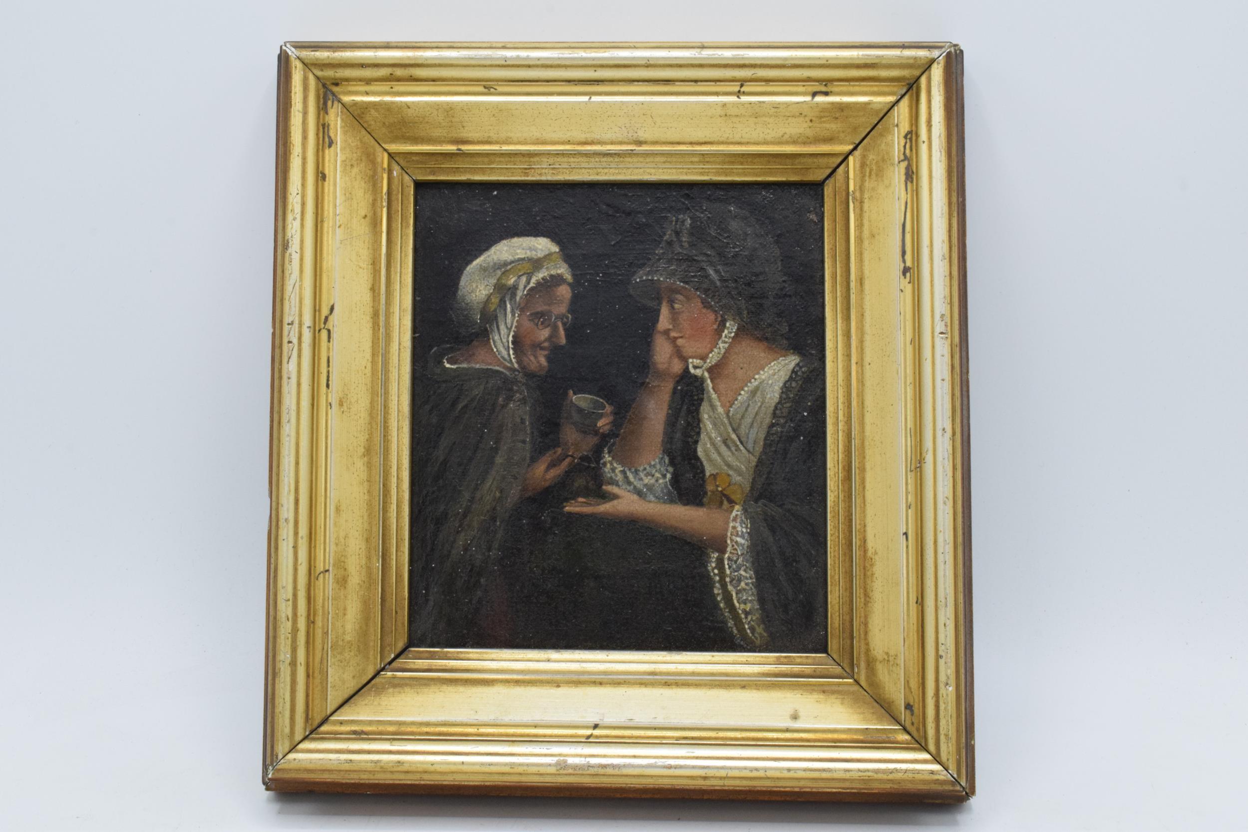 19th century Dutch oil on wooden panel of 2 ladies in a gilt frame, possibly circa 1840, once valued