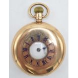 9ct gold half hunter pocket watch, gross weight 73.6 grams. Ticks for short periods of time.