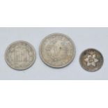 A trio of American coins to include a silver 3 cents 1852, nickel 3 cents 1865 and a nickel 1906 (