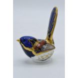 Boxed Royal Crown Derby paperweight, Fairy Wren with gold stopper, boxed. In good condition with