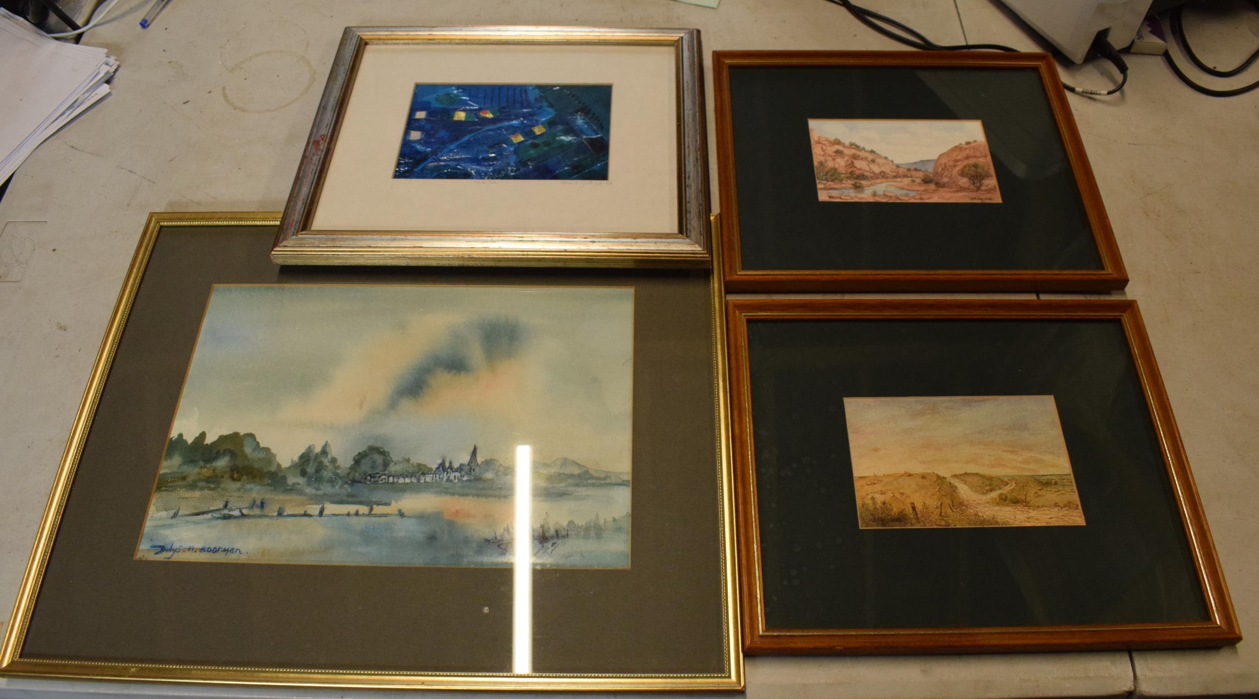 A mixed collection of framed artwork to include Trevor Jones 1988 watercolour and one 1986, 'Maze'