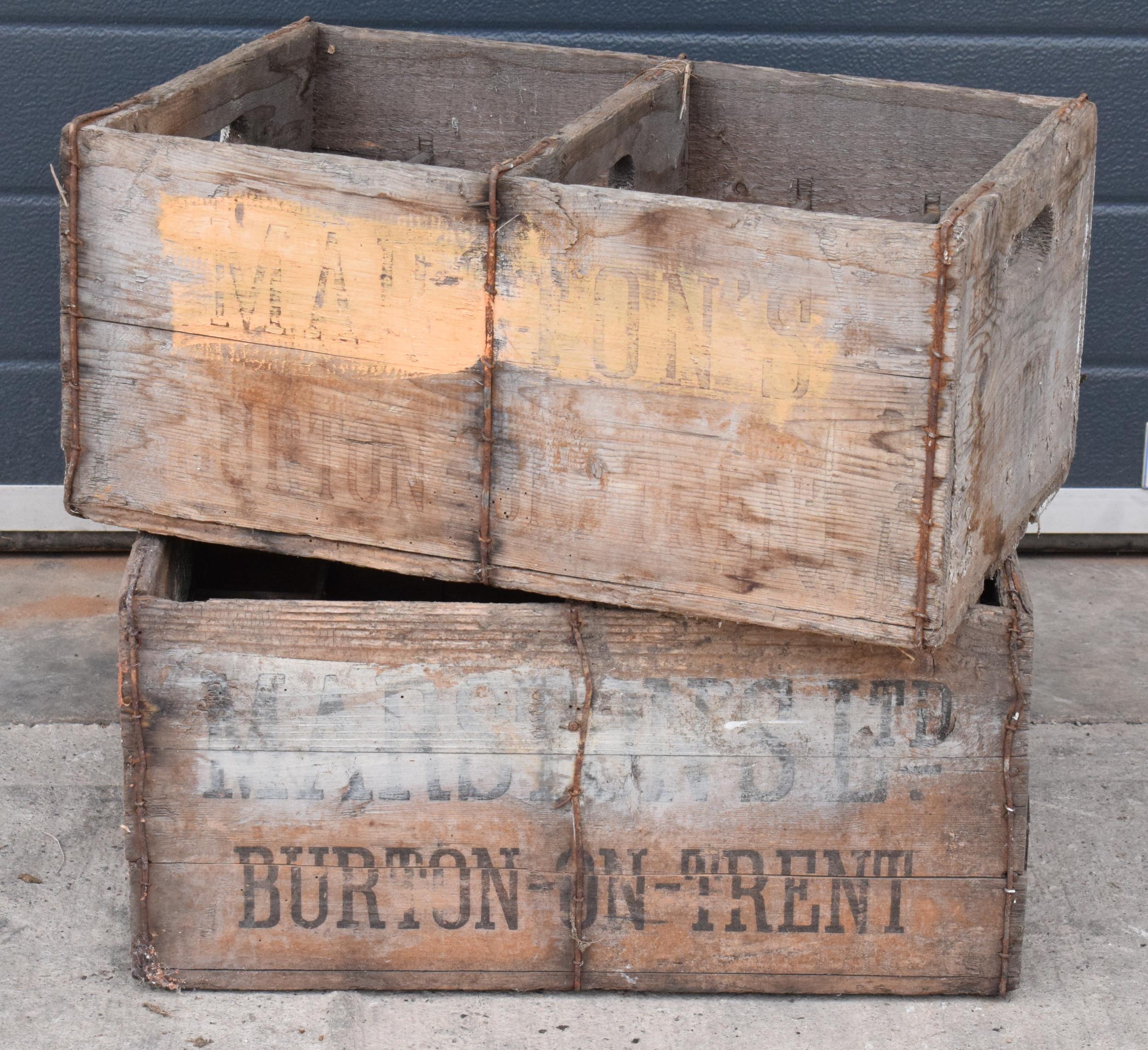 A pair of vintage Marston's of Burton upon Trent wooden beer bottle crates (2) with each holding