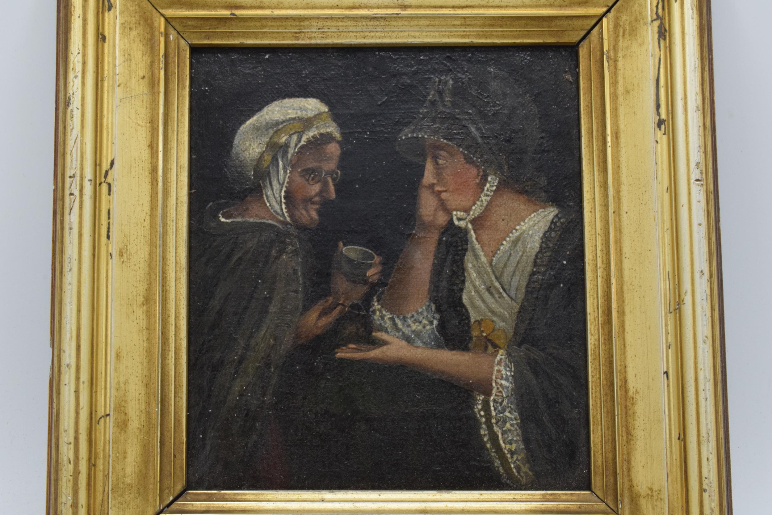 19th century Dutch oil on wooden panel of 2 ladies in a gilt frame, possibly circa 1840, once valued - Image 2 of 9