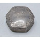 Silver Viagra Lite hexagonal pill box, 3cm diameter. London 2000.