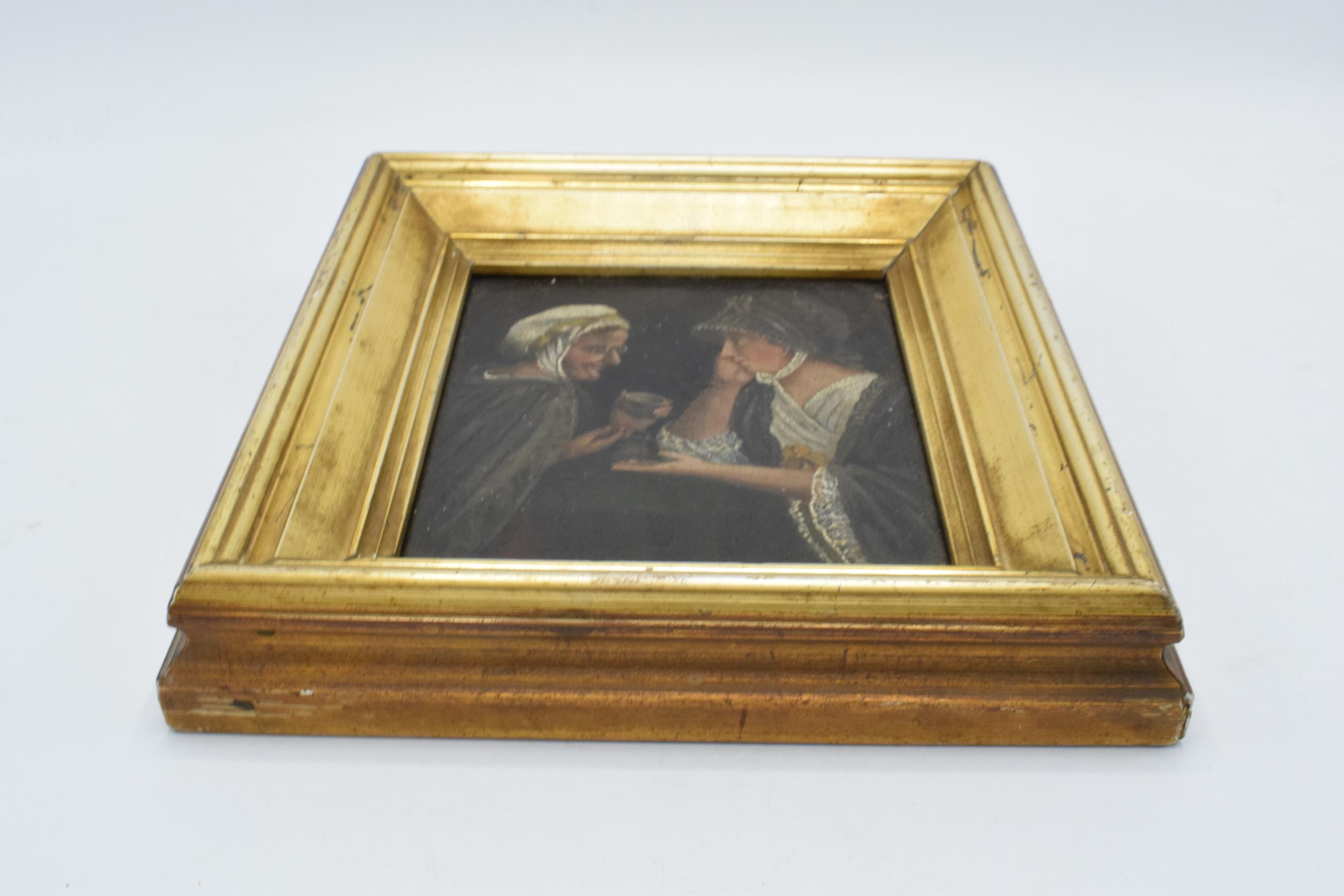 19th century Dutch oil on wooden panel of 2 ladies in a gilt frame, possibly circa 1840, once valued - Image 7 of 9