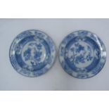 A pair of 19th century or earlier fine bone china blue and white plates with floral scenes (both