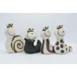 John Hughes pottery Groggs to include snakes and snails (4). All marked. Tallest 20cm tall.