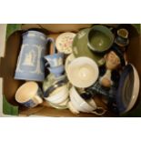 A collection of pottery to include Wedgwood Jasperware cup and Saucer, Aynsley tea ware, Toby Jugs