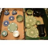 A collection of Wedgwood Jasperware to include a teal trinket box, dark blue trinkets, sage green