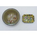 Japanese cloisonné bowl with blossom tree on pale background, 13cm diameter, together with a similar