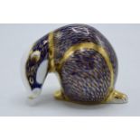 Boxed Royal Crown Derby paperweight, Badger, 12cm, gold stopper and red Royal Crown Derby stamp on