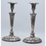 Edwardian pair of Sheffield plate large candlesticks, 31cm tall. Some areas of plating having been