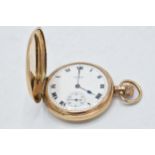 Waltham 9ct gold full hunter pocket watch with crown wind mechanism and black Arabic Numerals on