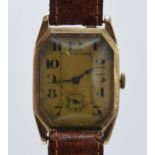 9ct gold gentleman's wristwatch on leather strap, 26mm wide. In ticking order. Hinge broken to