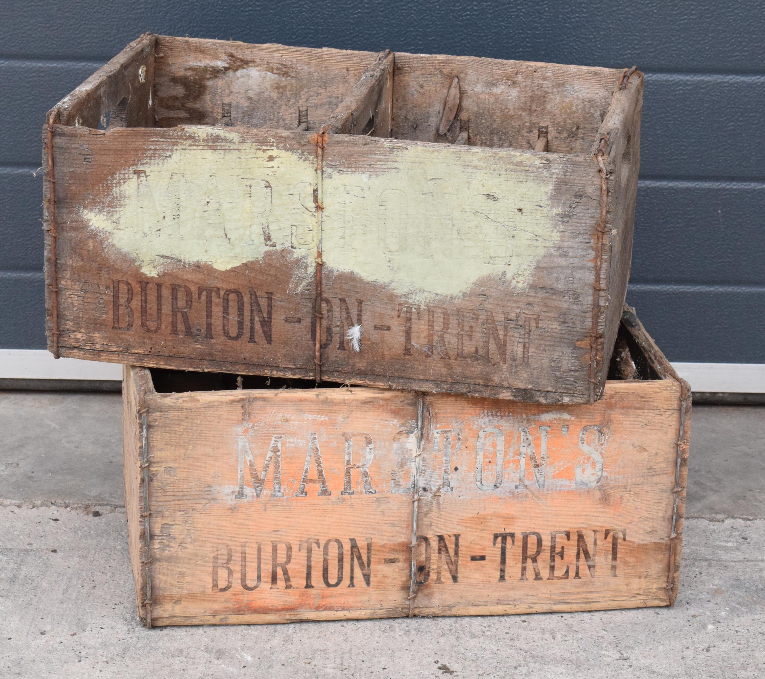 A pair of vintage Marston's of Burton upon Trent wooden beer bottle crates (2) with each holding