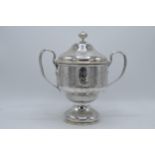 Silver plated double-handled trophy / lidded urn Dutchess of Sutherland Cripples Guild, 28cm tall.