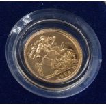 22ct gold 1985 proof Half Sovereign complete with Royal Mint case and certificate.
