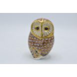 Royal Crown Derby paperweight, Barn Owl, 12cm high, designed by John Ablitt, gold stopper and red