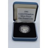 Boxed Royal Mint Silver Proof One Pound Coin with original paperwork.