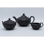 Wedgwood Black Basalt tea set to include tea pot, creamer and lidded sugar (3). In good condition