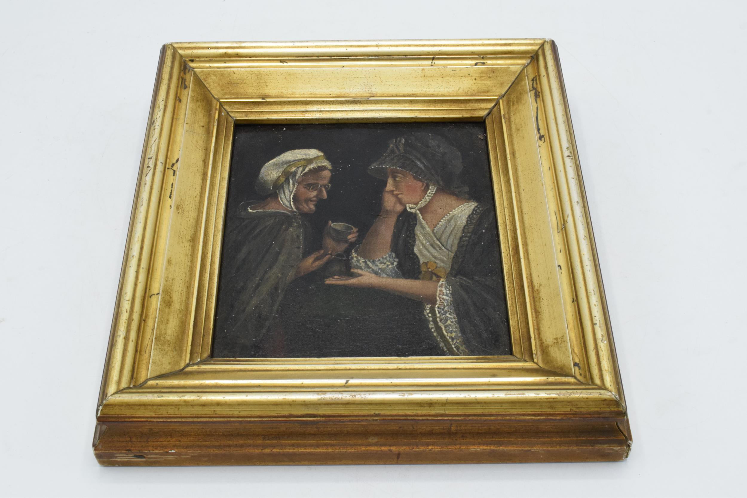 19th century Dutch oil on wooden panel of 2 ladies in a gilt frame, possibly circa 1840, once valued - Image 5 of 9
