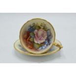 Aynsley gilded cup and saucer with pink rose / cabbage rose design, signed 'J A Bailey' (2) (cup