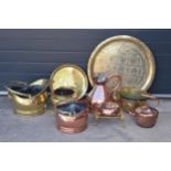 A collection of quality brass and copper items to include brass coal scuttles, large Eastern