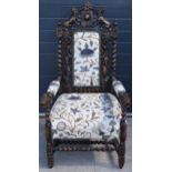 19th century Carolean style carver chair with carved heraldic animal crest, gothic style, 132cm