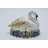 Royal Crown Derby Paperweight, White Swan nesting, date mark for 1996, gold stopper and red Royal