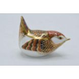 Boxed Royal Crown Derby paperweight, Derby Wren with gold stopper. In good condition with no obvious