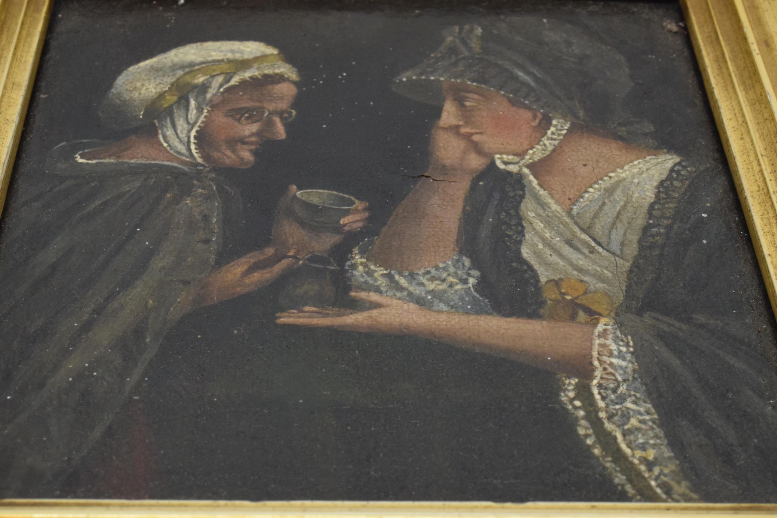 19th century Dutch oil on wooden panel of 2 ladies in a gilt frame, possibly circa 1840, once valued - Image 6 of 9