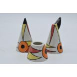 Lorna Bailey cruet set set to include a shaker, vinegar and sauce pot (3). 10cm tall. In good