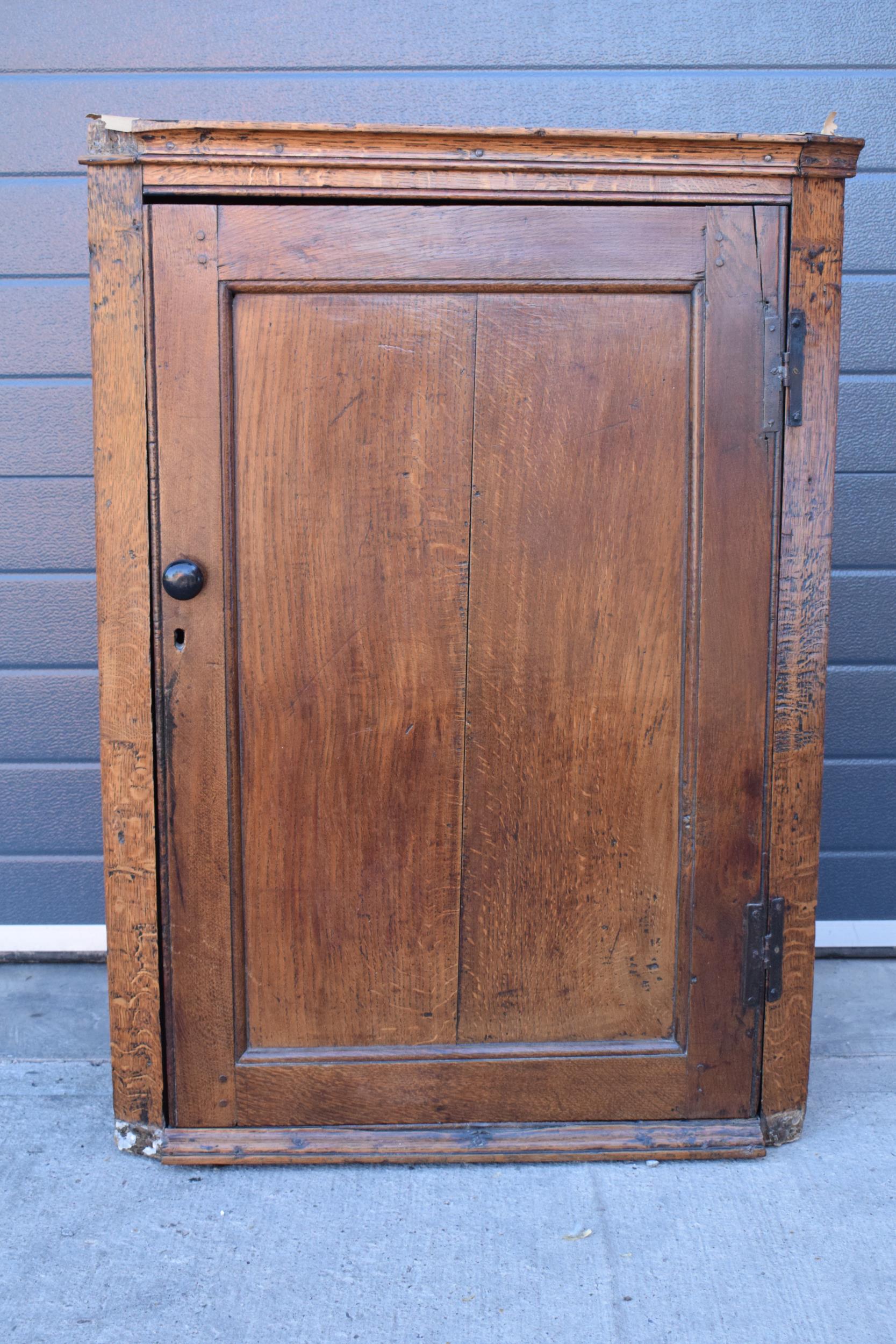 19th century oak corner cupboard with cast metal H-hinges with nice shade of brown, 101cm tall, 74cm