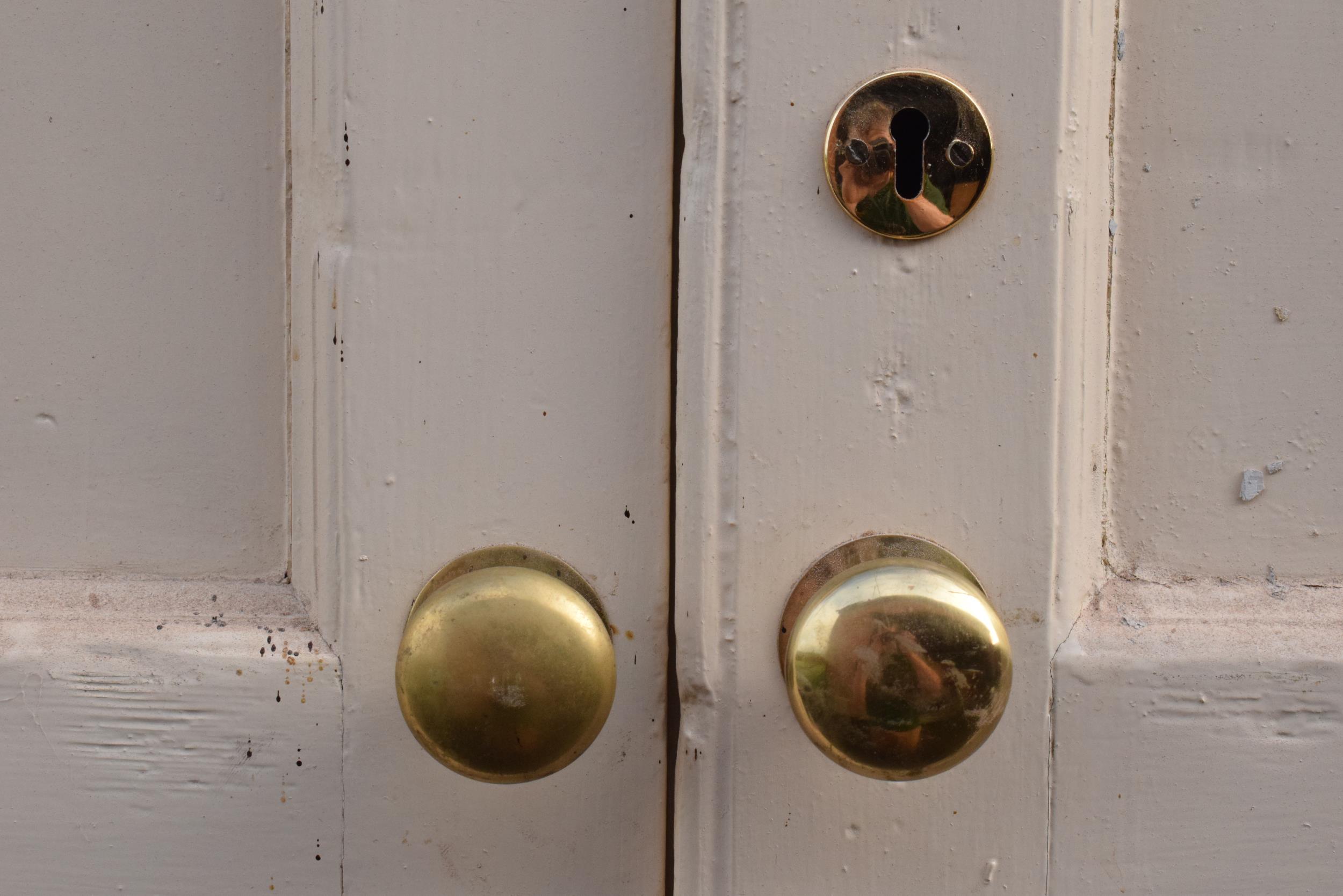 19th century painted breakfront housekeepers cupboard with brass handles and effects with a - Image 8 of 30