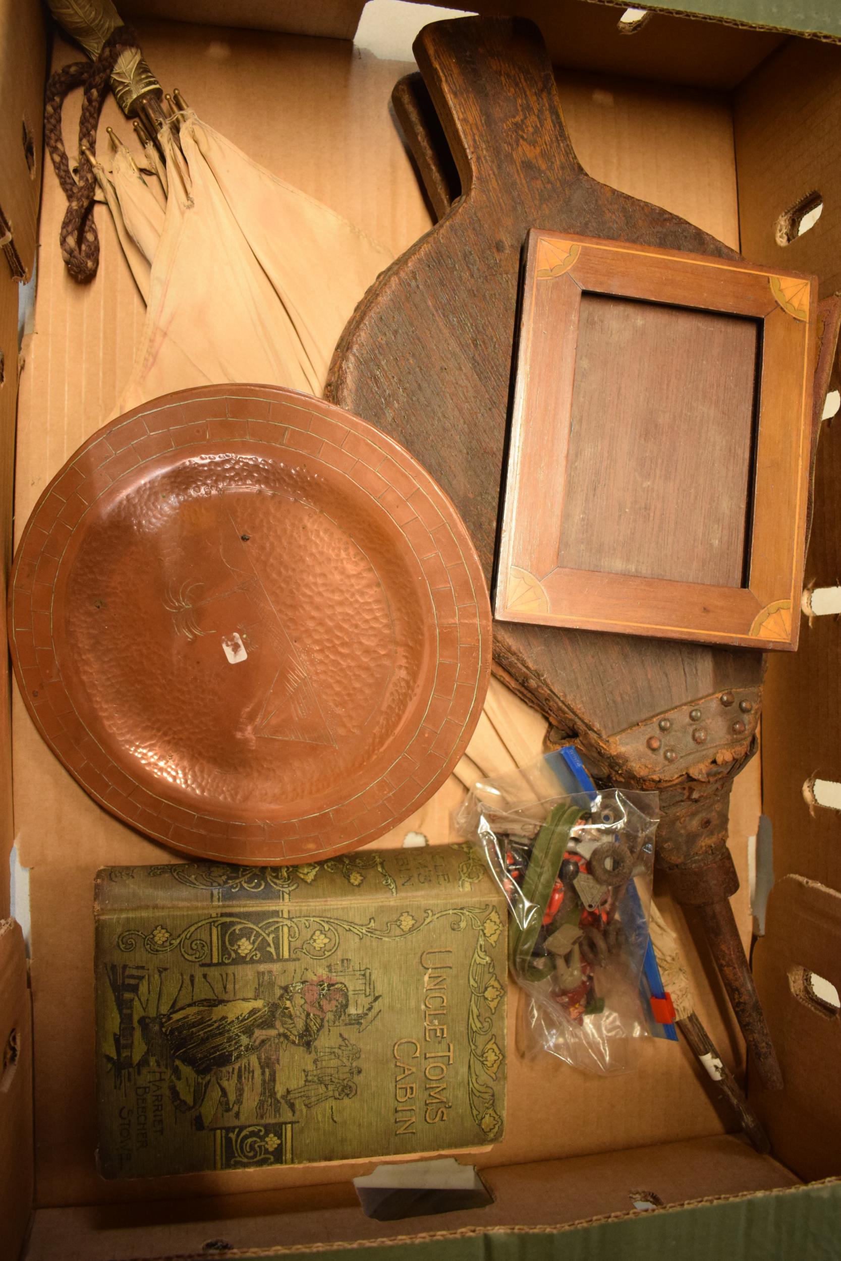 A collection of items to include an inlaid photoframe, heavy copper plaques, parasol and a set of