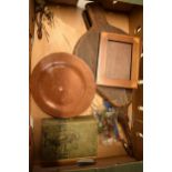 A collection of items to include an inlaid photoframe, heavy copper plaques, parasol and a set of