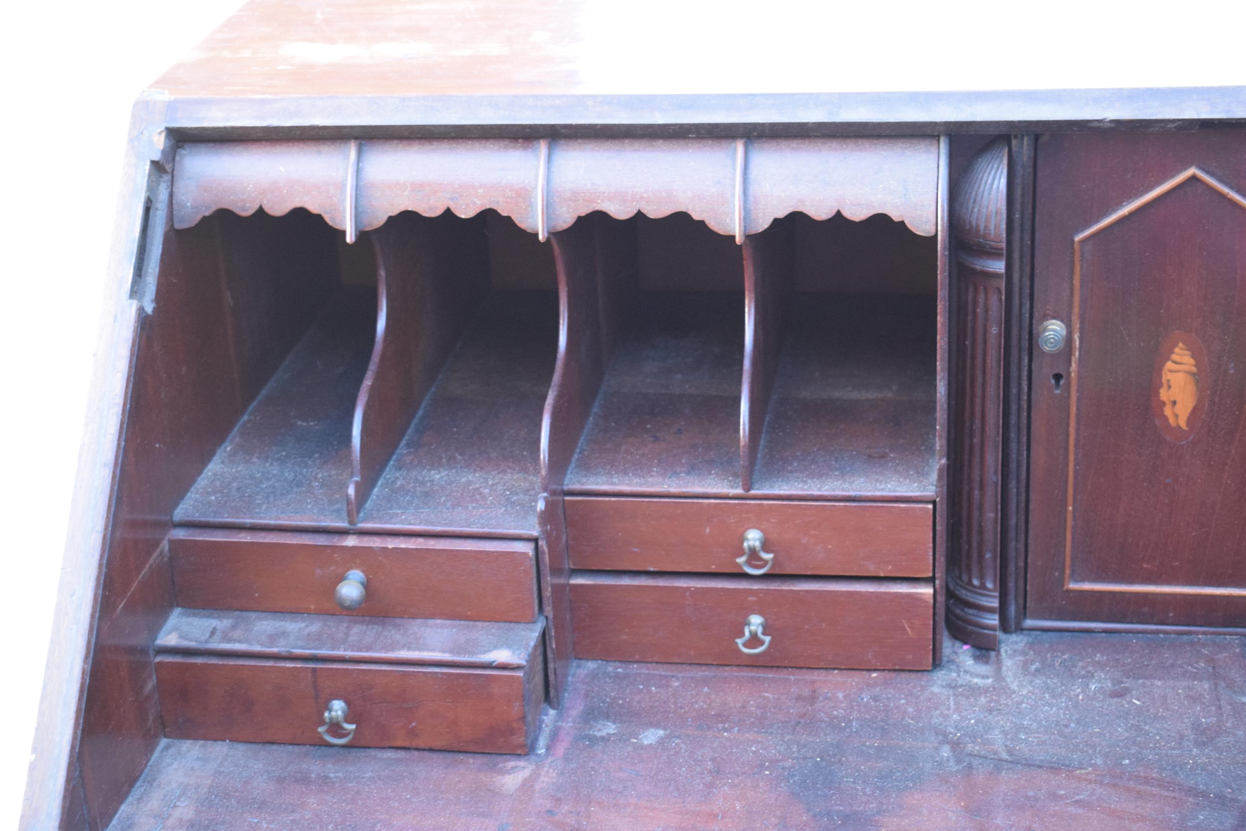 19th century bureau with fitted interior and satinwood inlay, 111 x 55 x 111cm tall. Needs some - Image 10 of 13