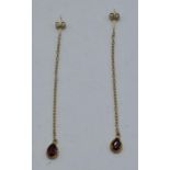 9ct gold and garnet drop earrings. 6cm long. 1.2 grams.