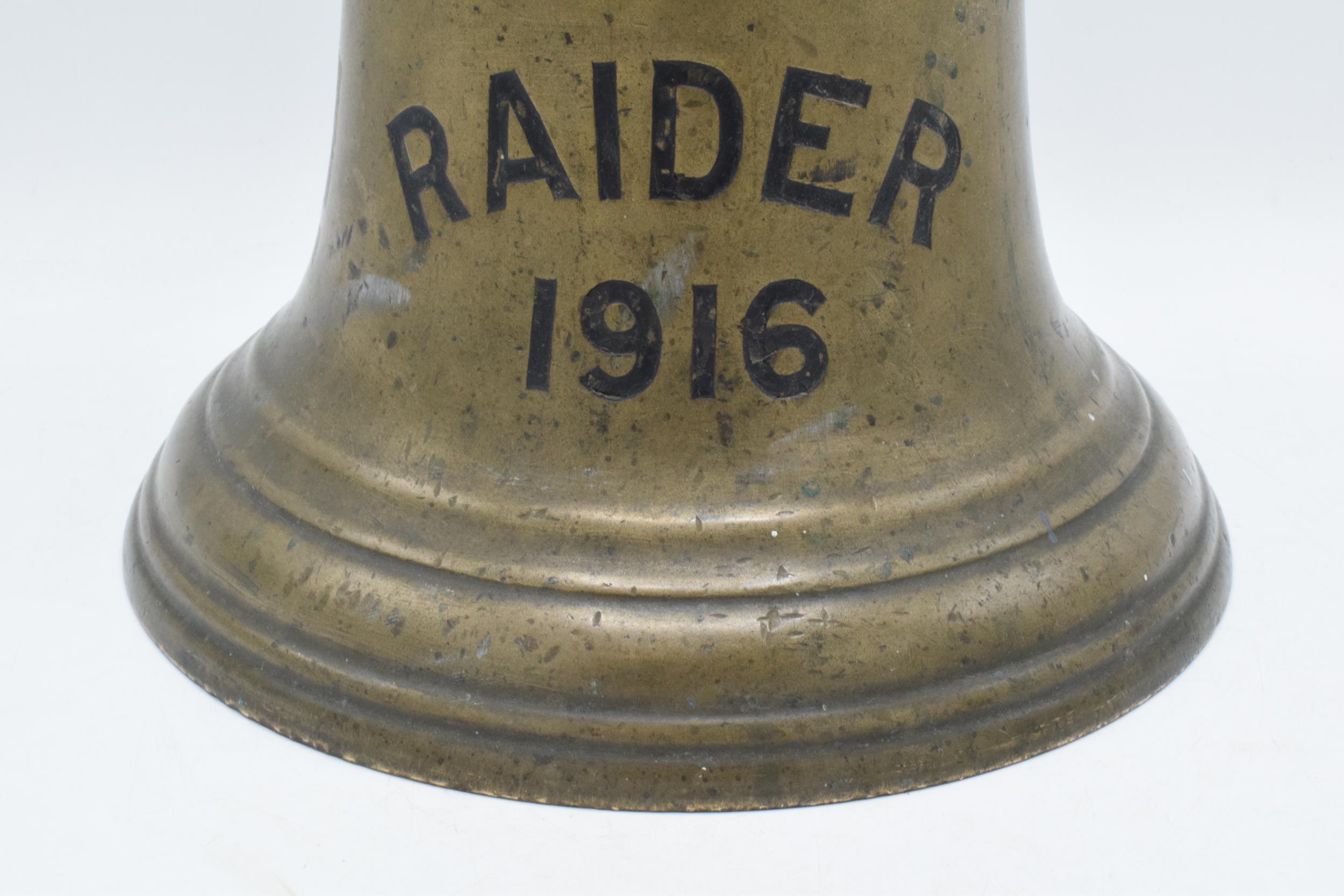 World War One original brass ship's bell 'H.M.S. Raider 1916' with clanger. 32cm tall, 26cm wide. - Image 4 of 15