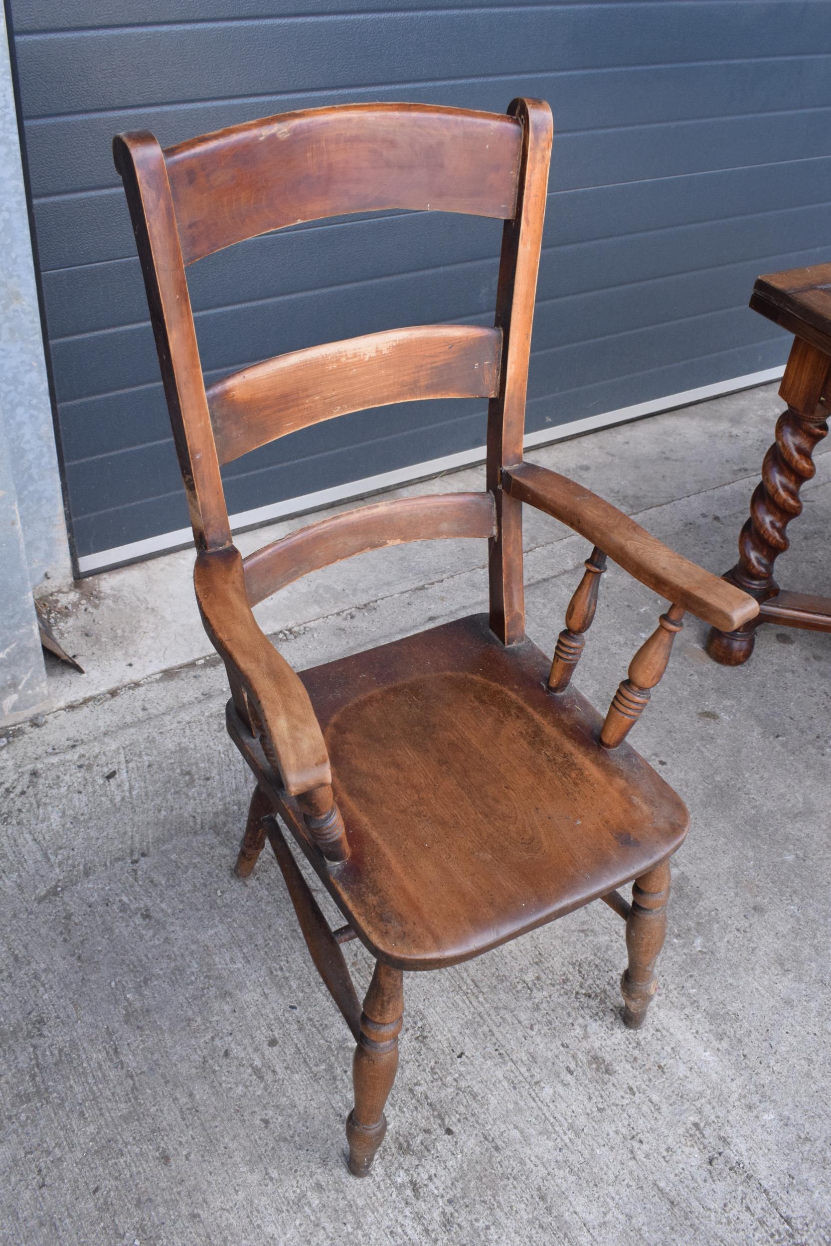 Victorian wooden farmhouse armchair, 112cm tall. Age-related wear and scuffs to include scratches - Image 3 of 5