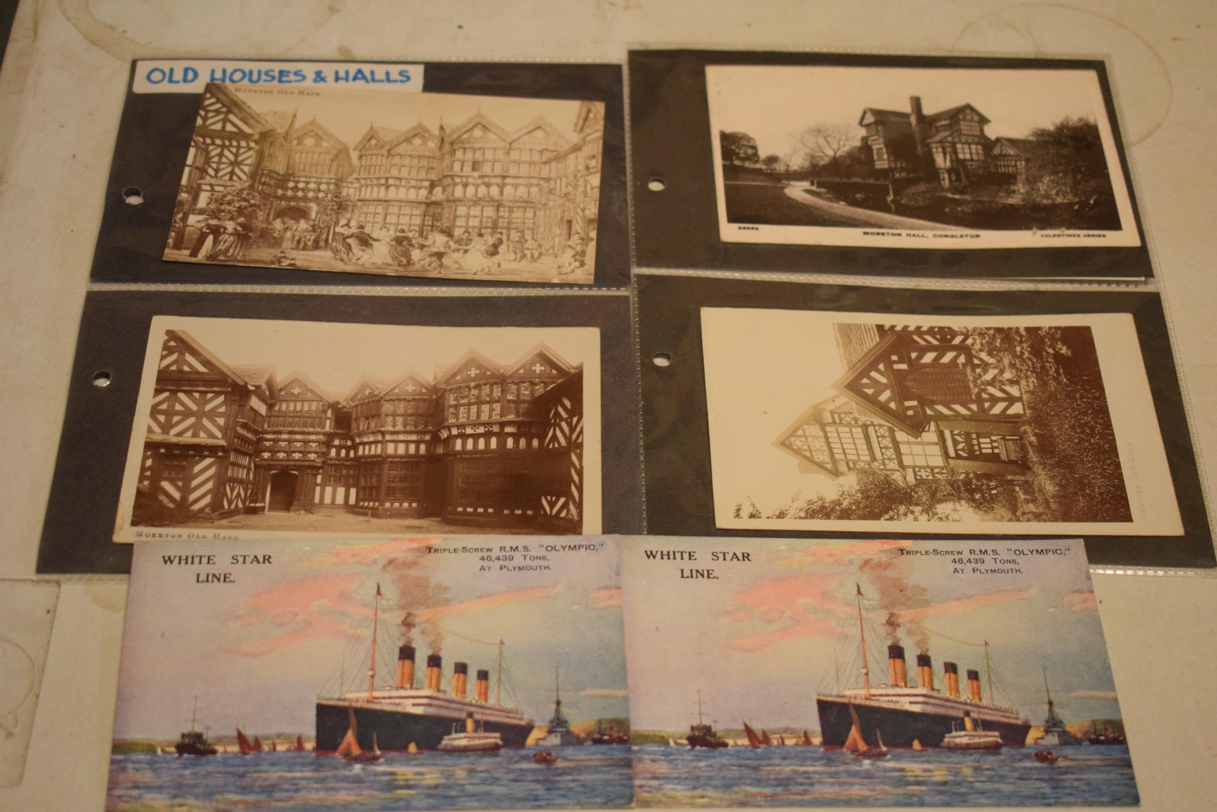 A collection of vintage postcards to include ones of Moreton Hall, Congleton, RMS Lucitania,