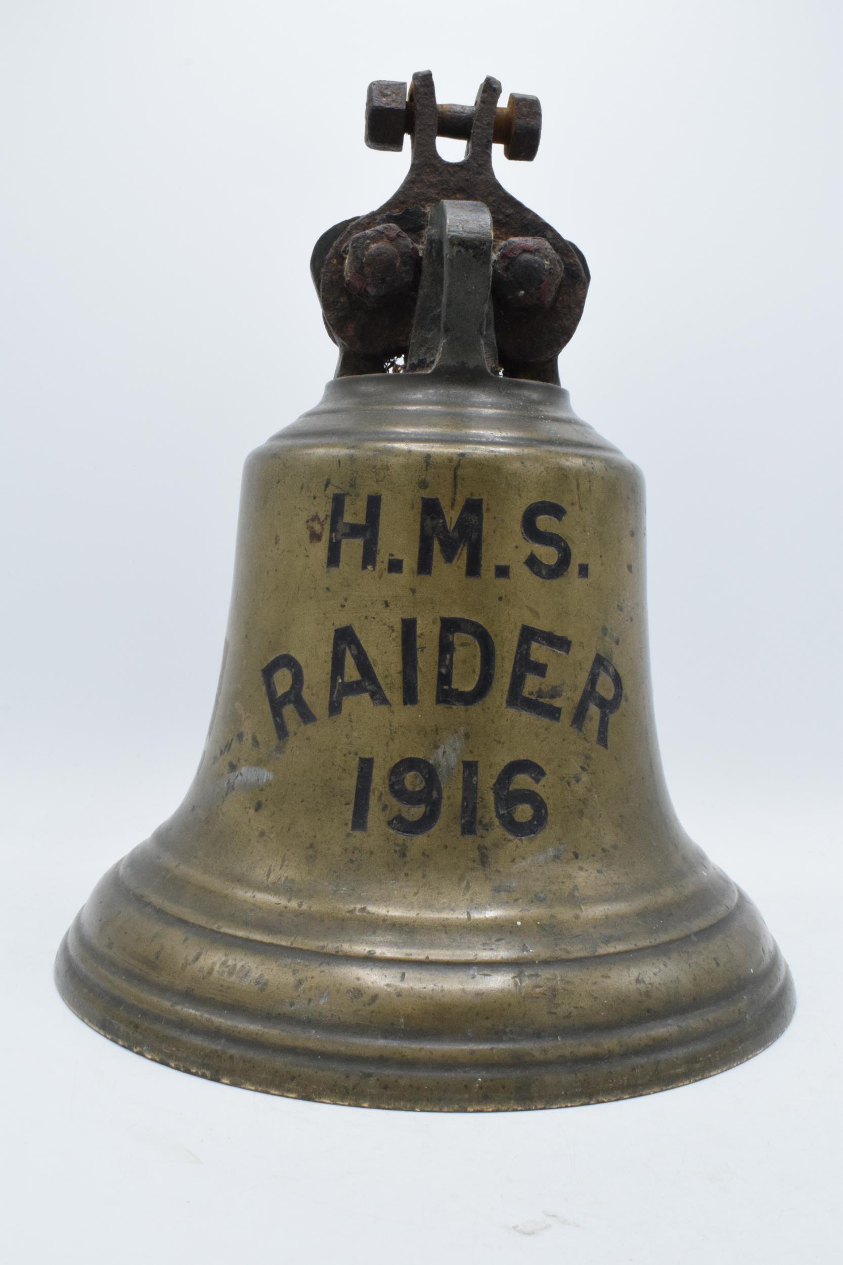 World War One original brass ship's bell 'H.M.S. Raider 1916' with clanger. 32cm tall, 26cm wide. - Image 2 of 15