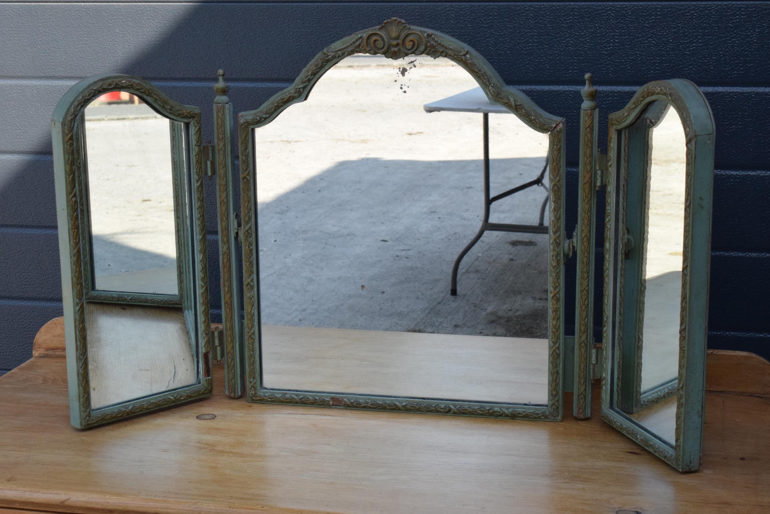 A vintage early to mid 20th century heavy triple folding mirror with painted blue tones, 50cm tall.