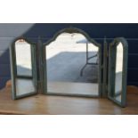 A vintage early to mid 20th century heavy triple folding mirror with painted blue tones, 50cm tall.