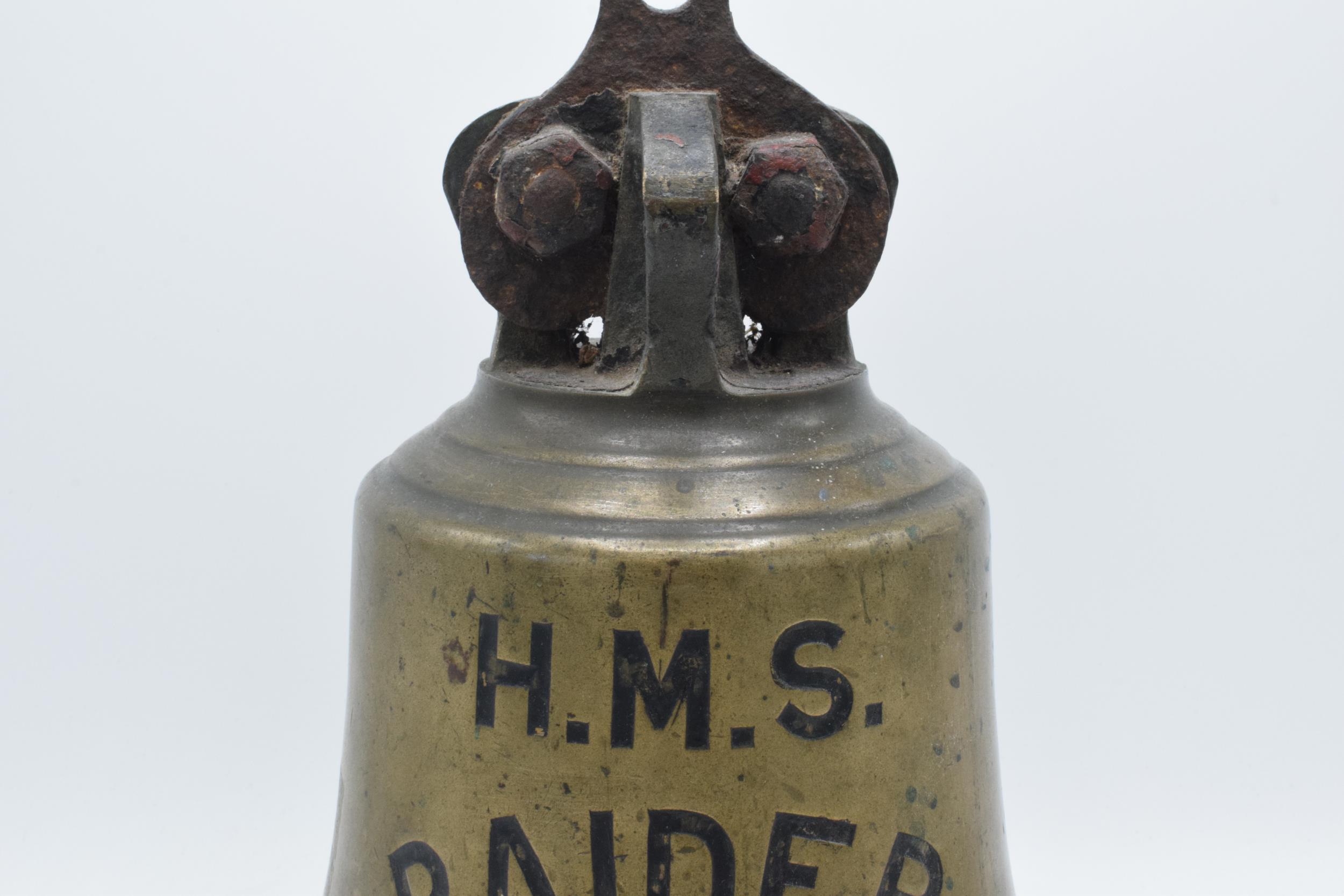 World War One original brass ship's bell 'H.M.S. Raider 1916' with clanger. 32cm tall, 26cm wide. - Image 5 of 15