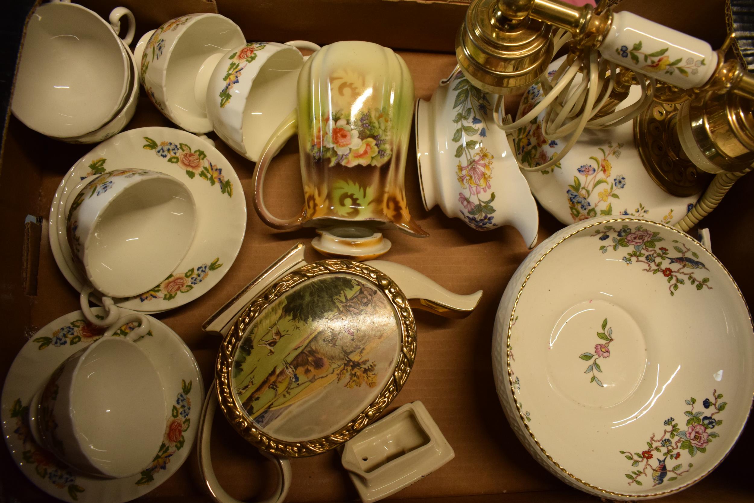 A collection of pottery to include Aynsley Cottage Garden telephone, 6 cups and 6 saucers together