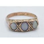 9ct gold 3 stone opal ring, Birmingham 1904, UK size N/O. 1.9 grams.