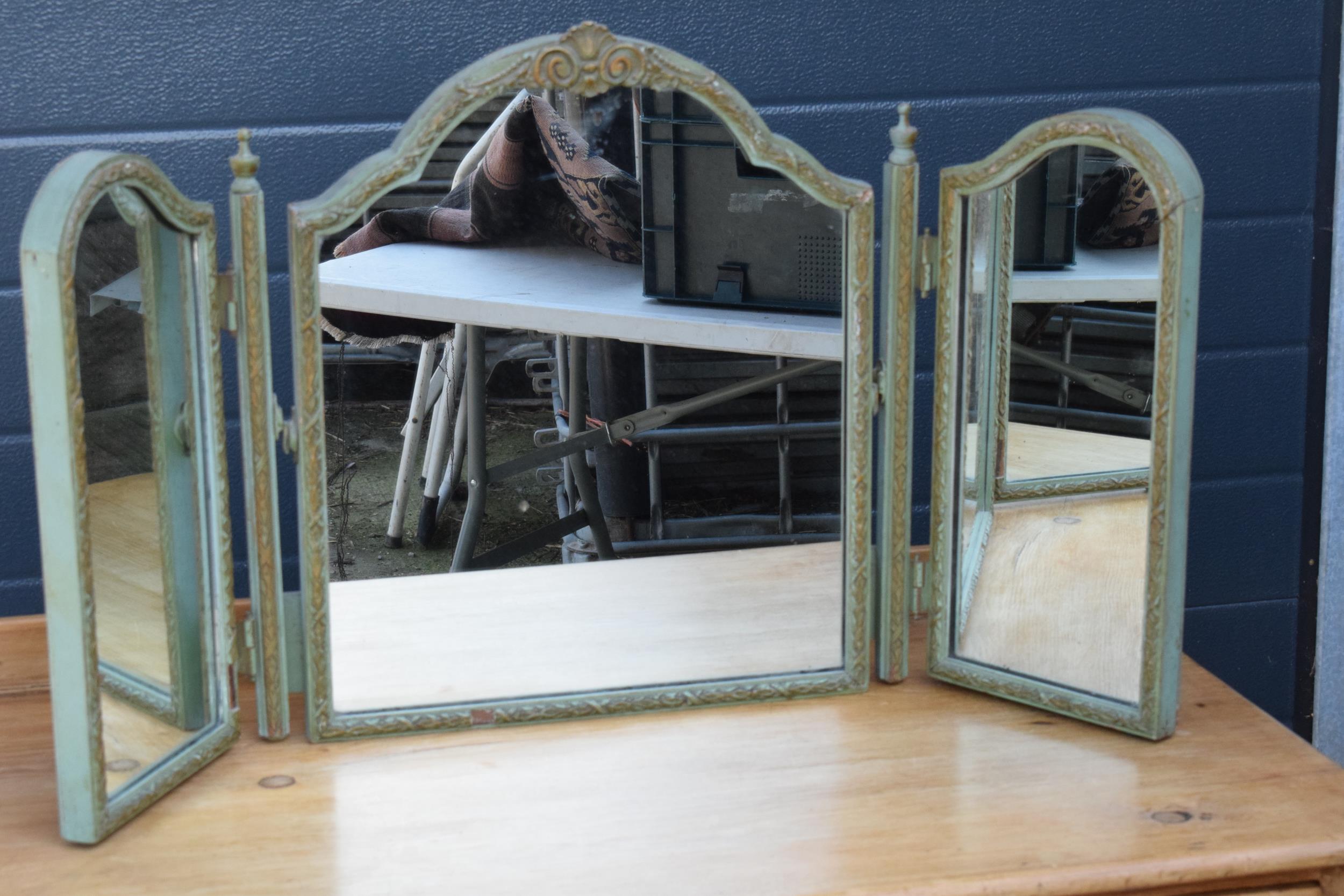 A vintage early to mid 20th century heavy triple folding mirror with painted blue tones, 50cm tall. - Image 2 of 9