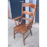 Victorian wooden farmhouse armchair, 112cm tall. Age-related wear and scuffs to include scratches